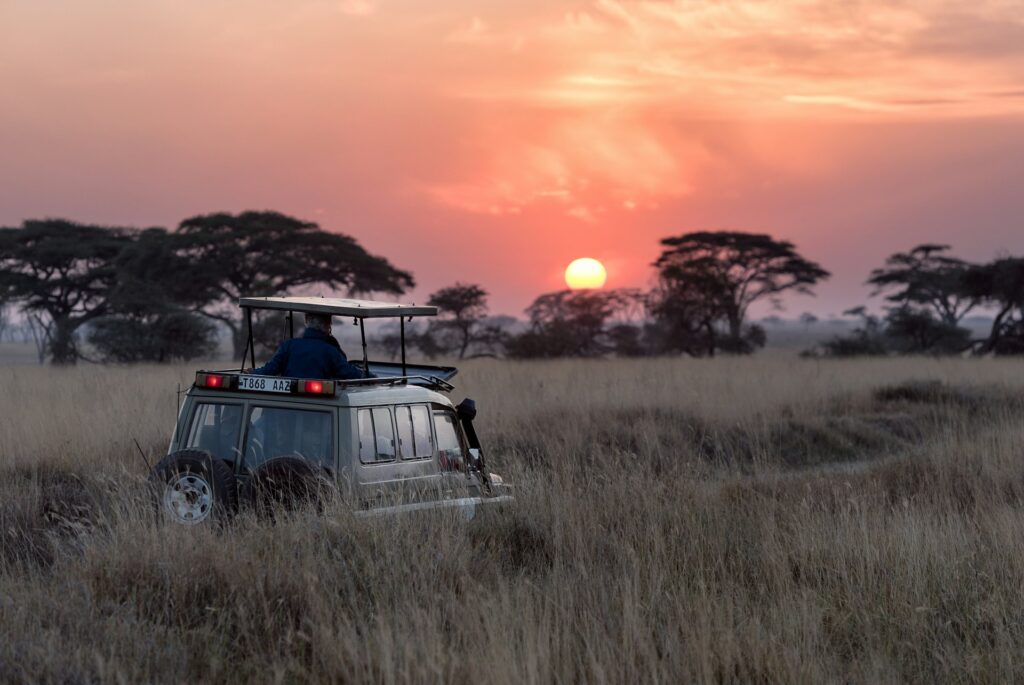 A safari vehicle with its roof raised on the savannah at sunset